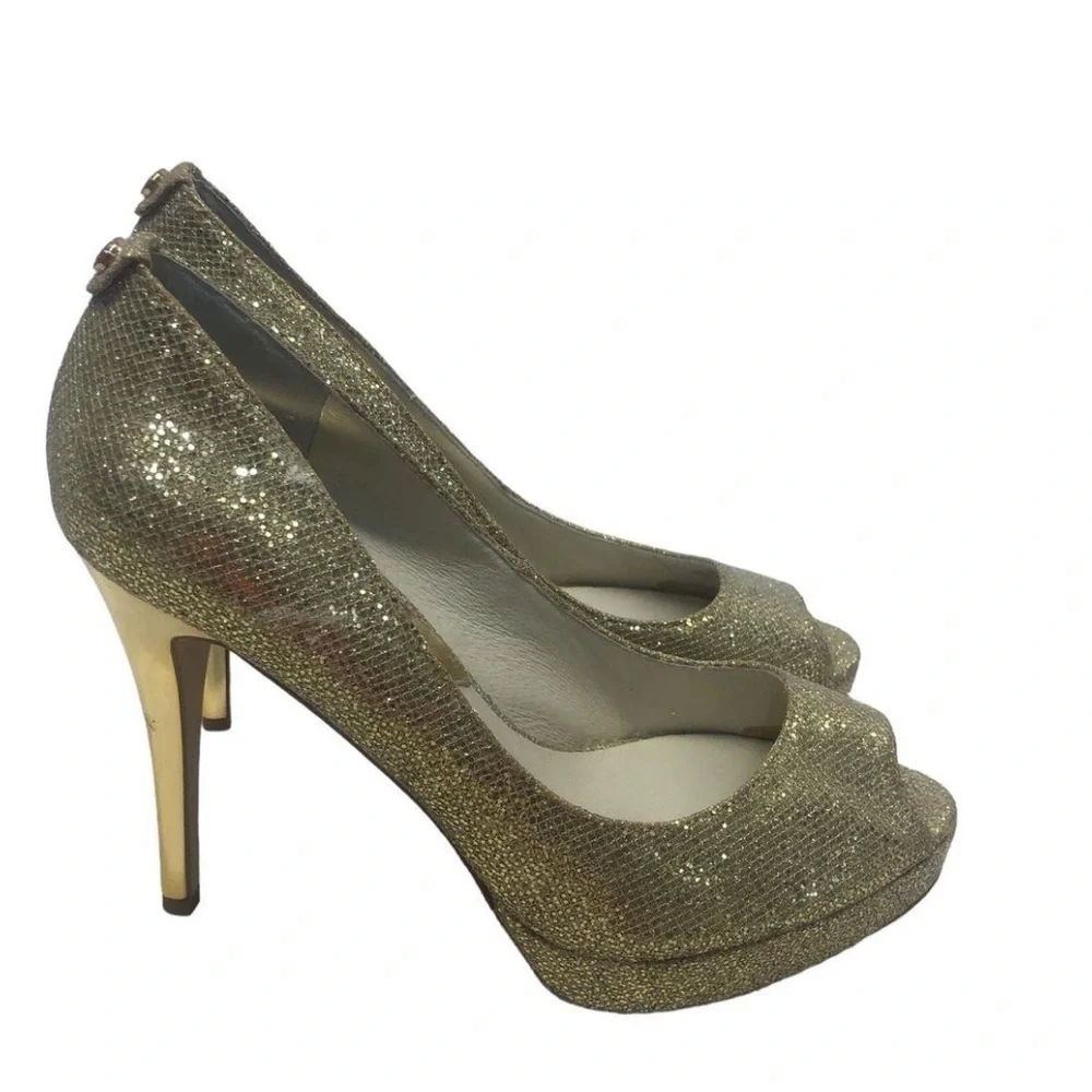 MICHAEL Michael Kors Sparkling Gold Open Toe High Heel Platform Pumps 9M